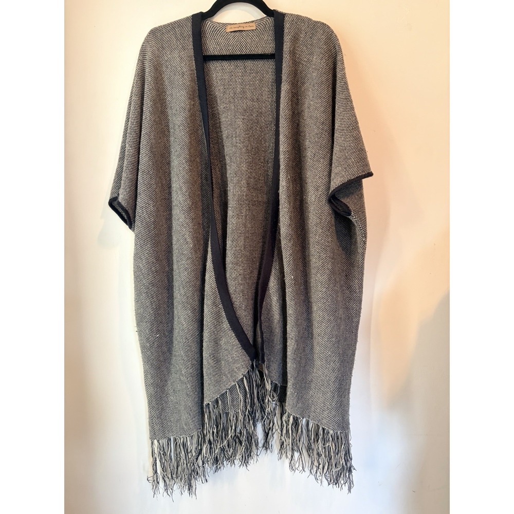 Do Everything In Love Fringe Cardigan Poncho Wrap Gray Black Knit Open Front OS